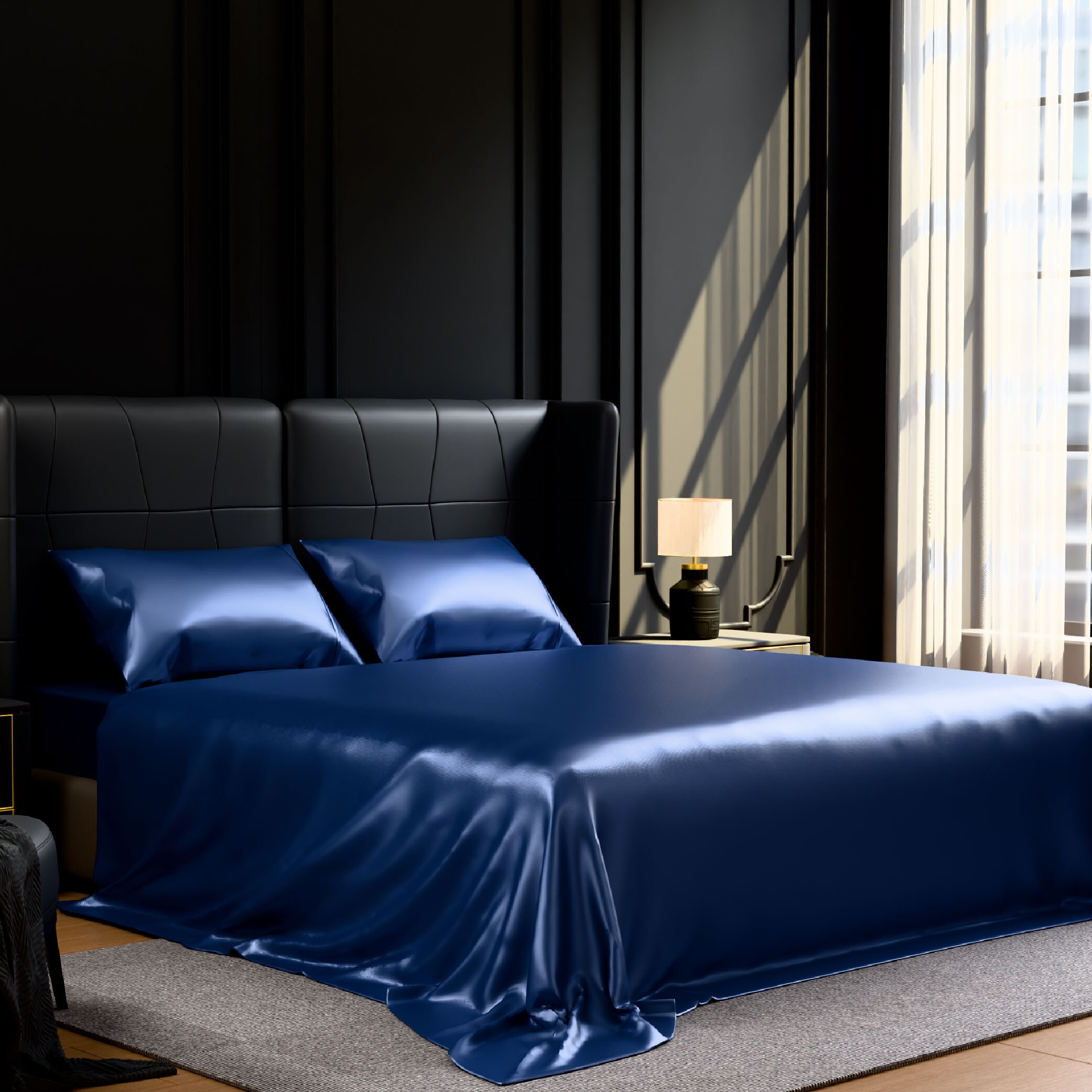 Satin Bed Sheets, King Size Sheets Set, 4 Pcs Silky Bedding Set With 15 Inches Deep Pocket For Mattress (King, Navy Blue)_voghion.com